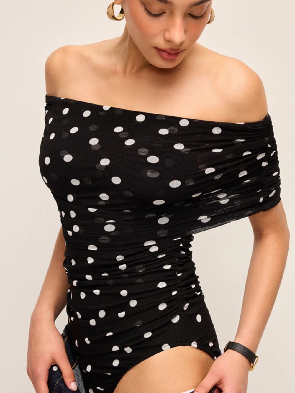 Commense Black & White Polka Dot Off-Shoulder Bodysuit